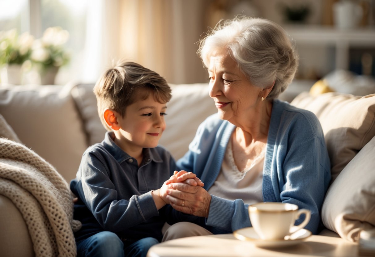 A grandmother and her grandson sitting together, holding hands and sharing a comforting moment indoors.