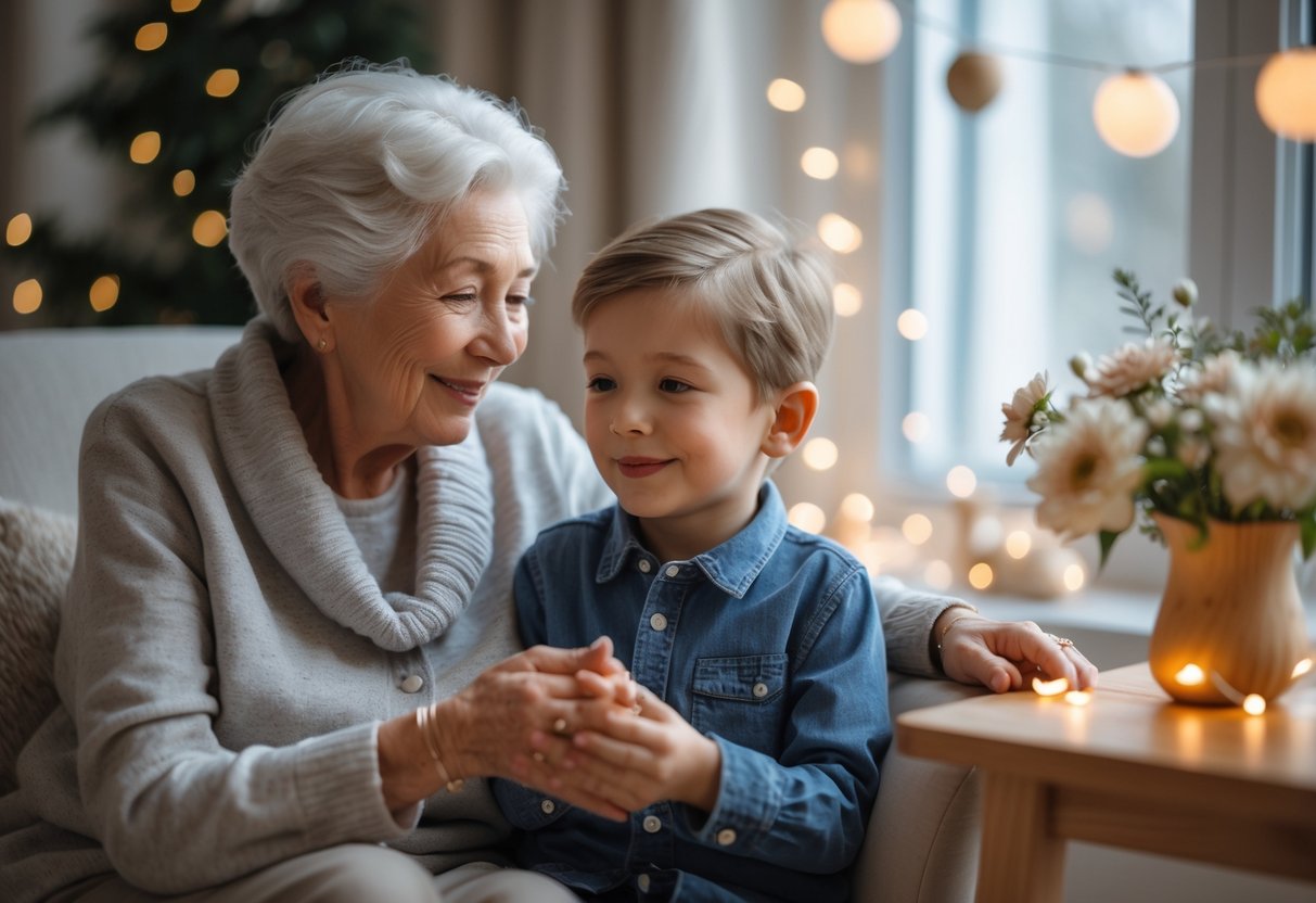 An elderly grandmother and her young grandson sitting together indoors, sharing a loving moment during a special celebration.