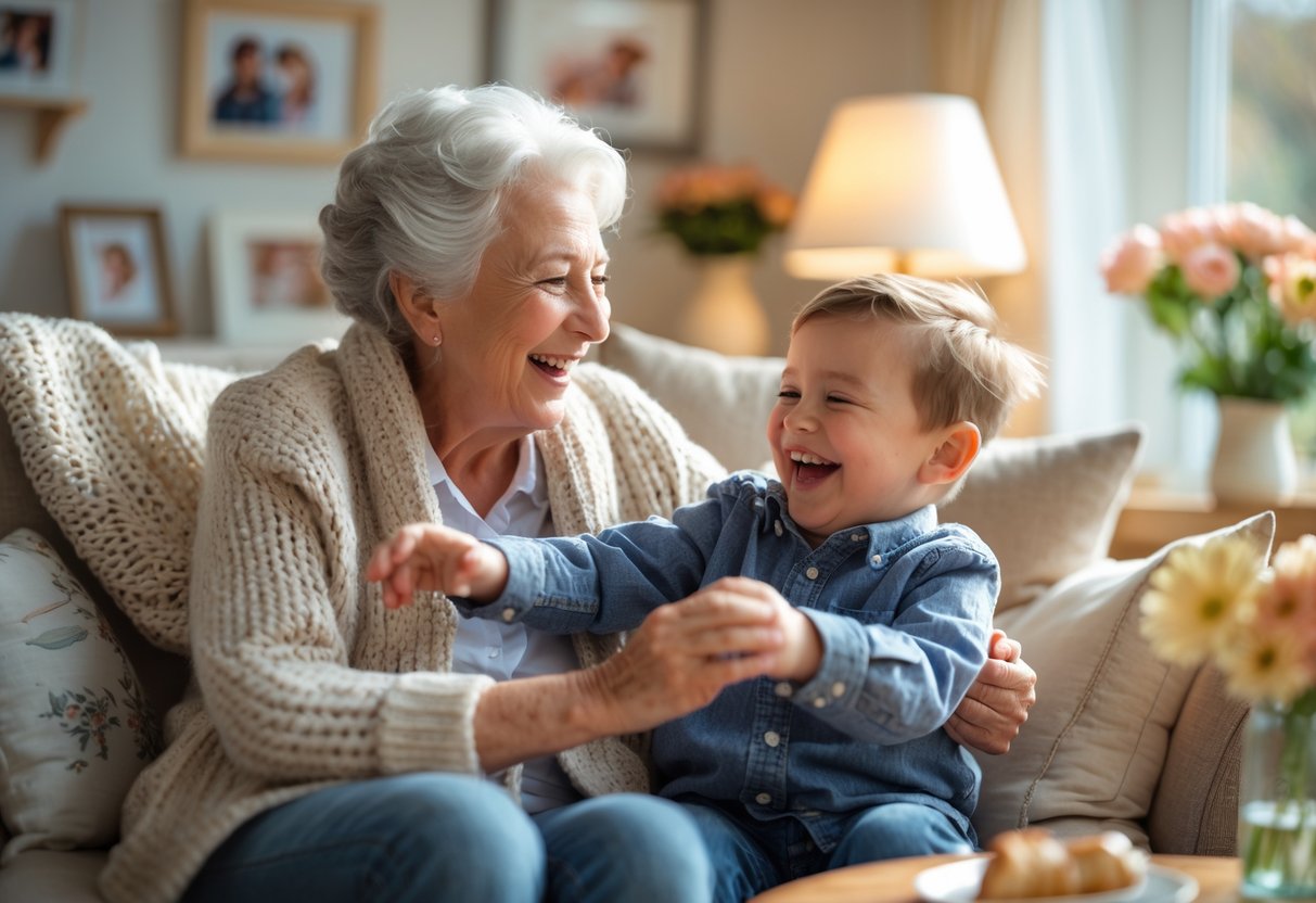 A grandmother and her young grandson sitting together on a sofa, sharing a joyful and playful moment in a cozy living room.