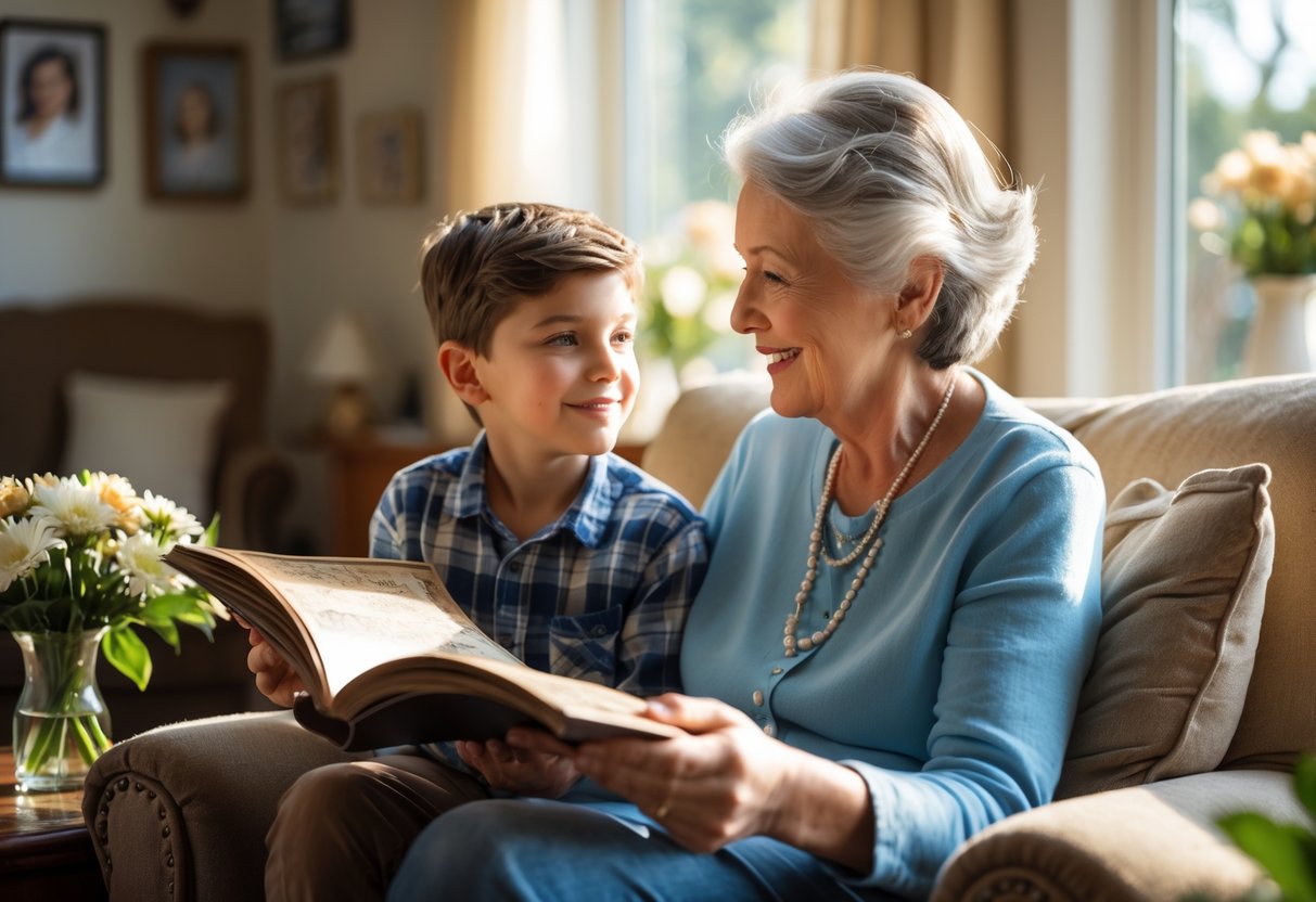A grandmother and her young grandson sitting together, sharing a moment of love and connection as they look at a photo album in a cozy living room.