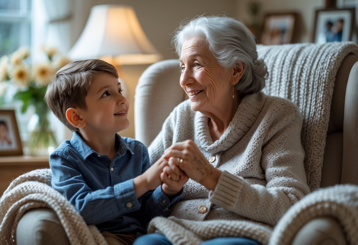 An elderly grandmother and her young grandson sitting together in a cozy living room, sharing a loving and tender moment.