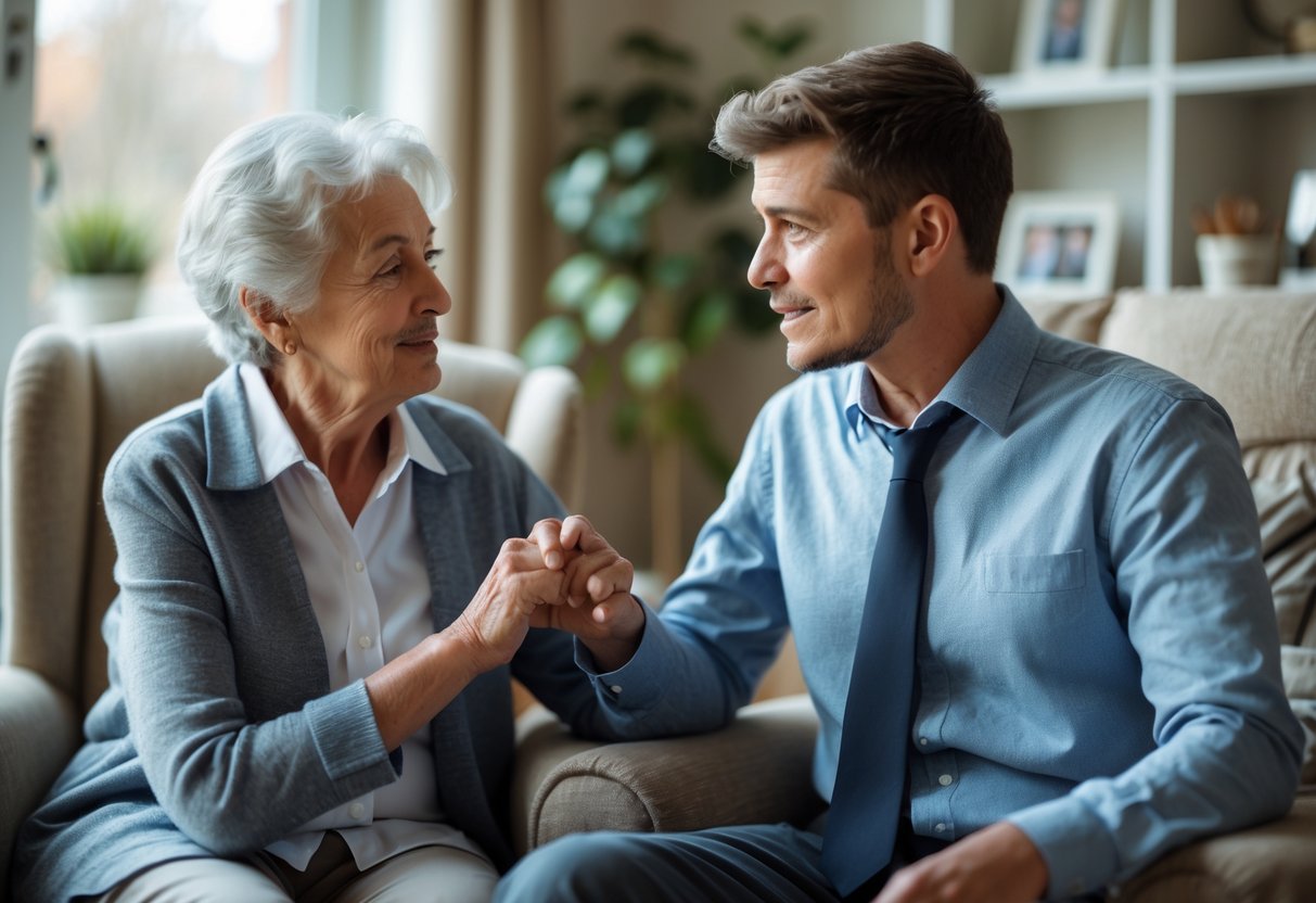An elderly grandmother warmly talking to her young adult grandson who is dressed for work, sitting together in a cozy living room.