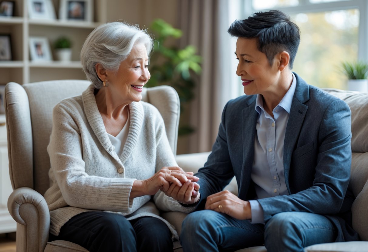 A grandmother warmly holding her grandson's hand as they sit together in a cozy living room, sharing a moment of encouragement before his first job.