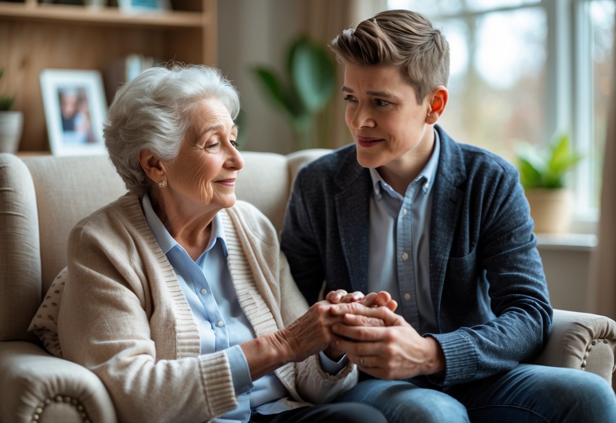 An elderly grandmother holding her grandson's hands as they share a warm, loving moment in a cozy living room.