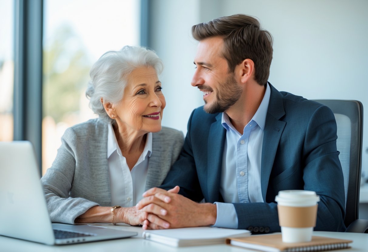 A grandmother and her grandson talking together in an office, with the grandson dressed for work and the grandmother offering support.