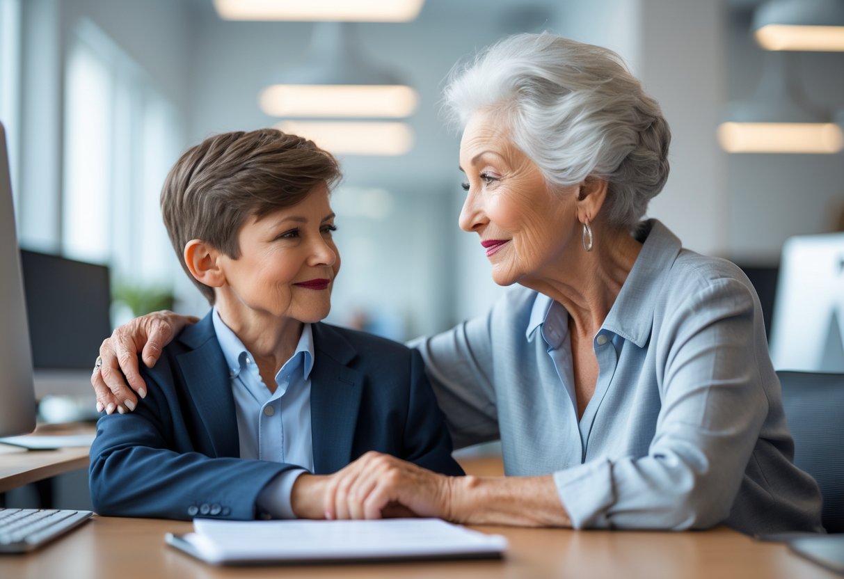 An elderly grandmother warmly talks to her young grandson dressed for work in a modern office, showing support and kindness.