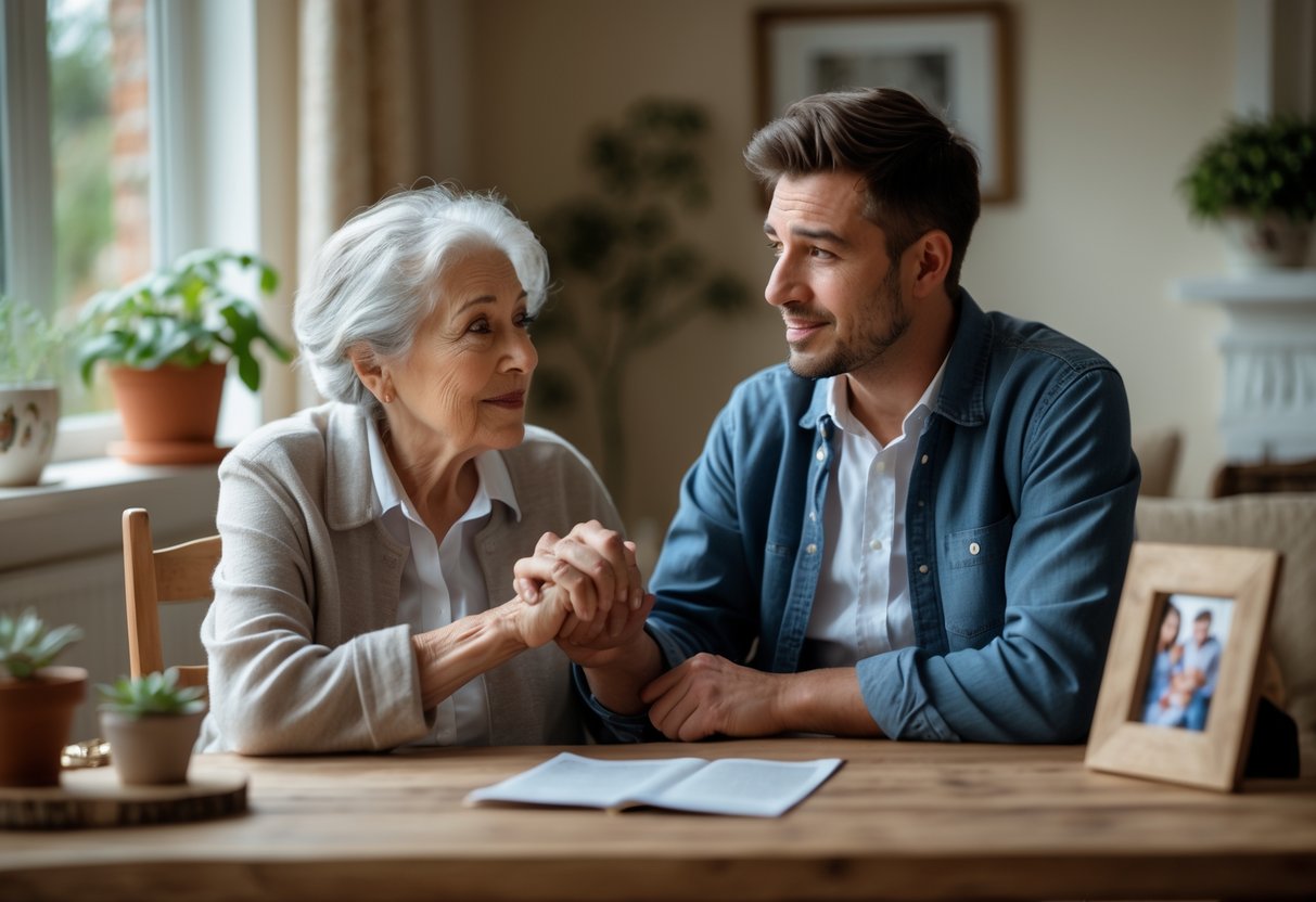 An elderly grandmother and her young adult grandson sitting at a table, the grandmother holding his hand and speaking to him while he listens attentively.
