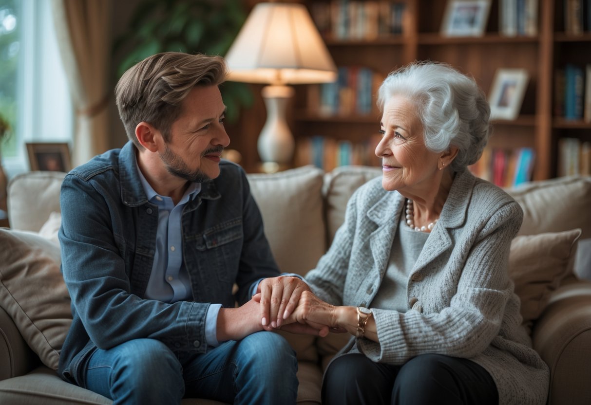 An elderly grandmother holding her grandson's hand as they sit together in a living room, sharing a heartfelt conversation.