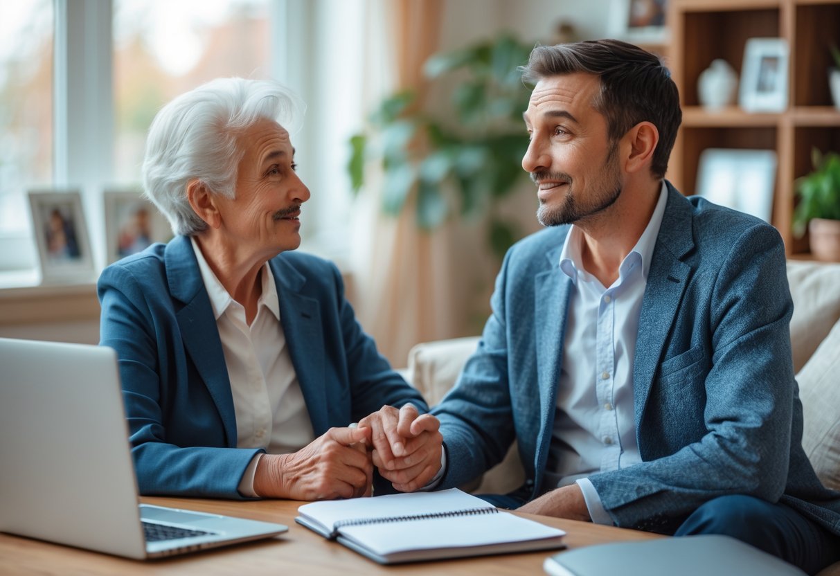 An elderly woman giving advice to her young adult grandson in a cozy living room as he prepares for his first job.