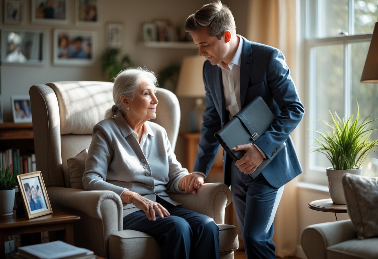 A grandmother speaks warmly to her grandson who is dressed for his first job, sitting together in a cozy living room.