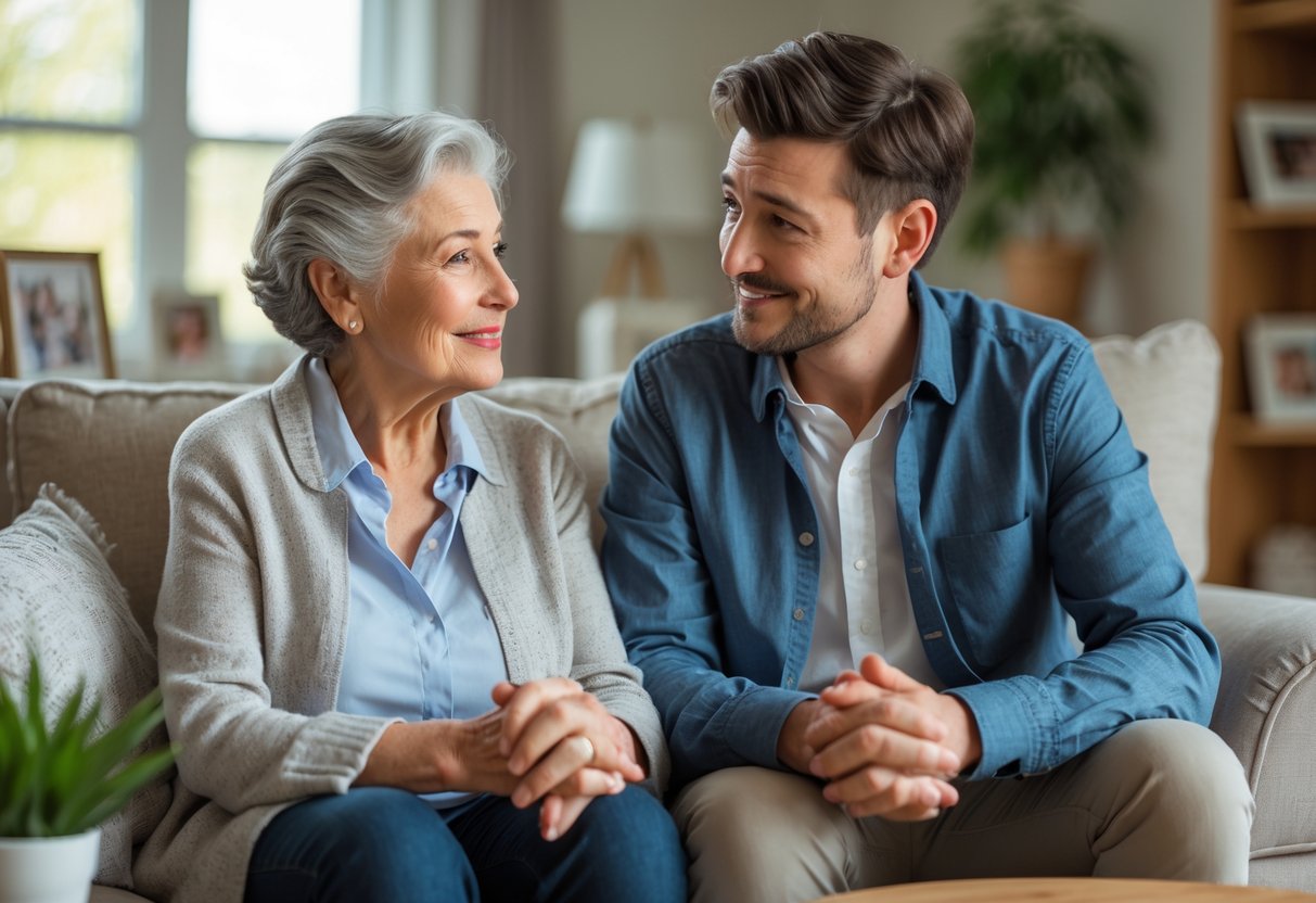 A grandmother warmly talks to her grandson in a cozy living room as he listens attentively, sharing a meaningful moment before his first job.