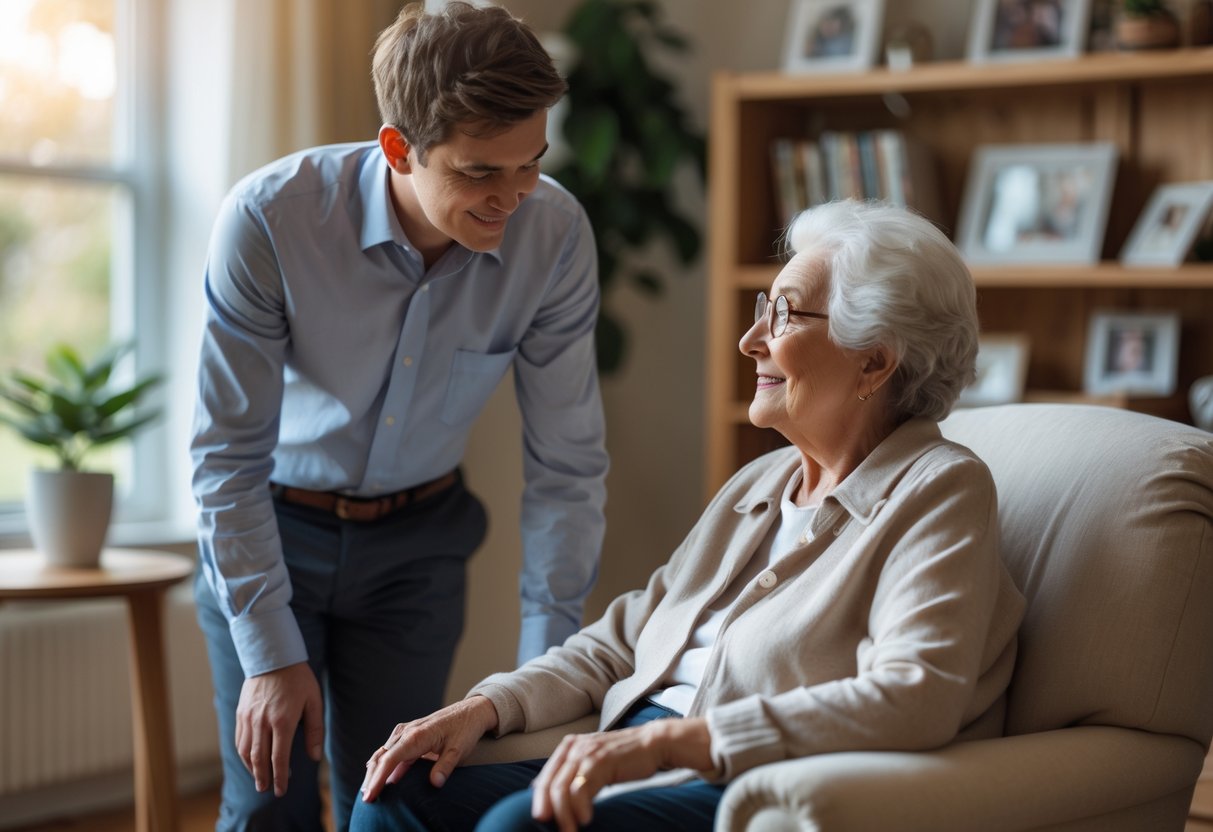 An elderly grandmother and her young adult grandson share a warm moment in a cozy living room as she offers him advice before his first job.