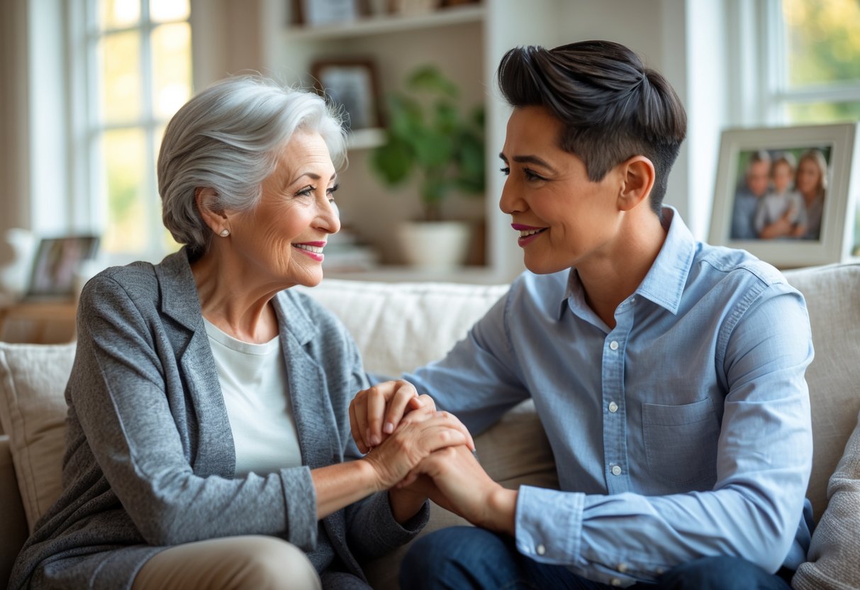An elderly woman and her young adult grandson sitting together in a living room, holding hands and sharing a heartfelt moment.
