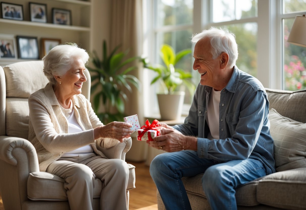 An elderly grandmother giving a gift to her smiling grandson in a cozy living room of his new home.