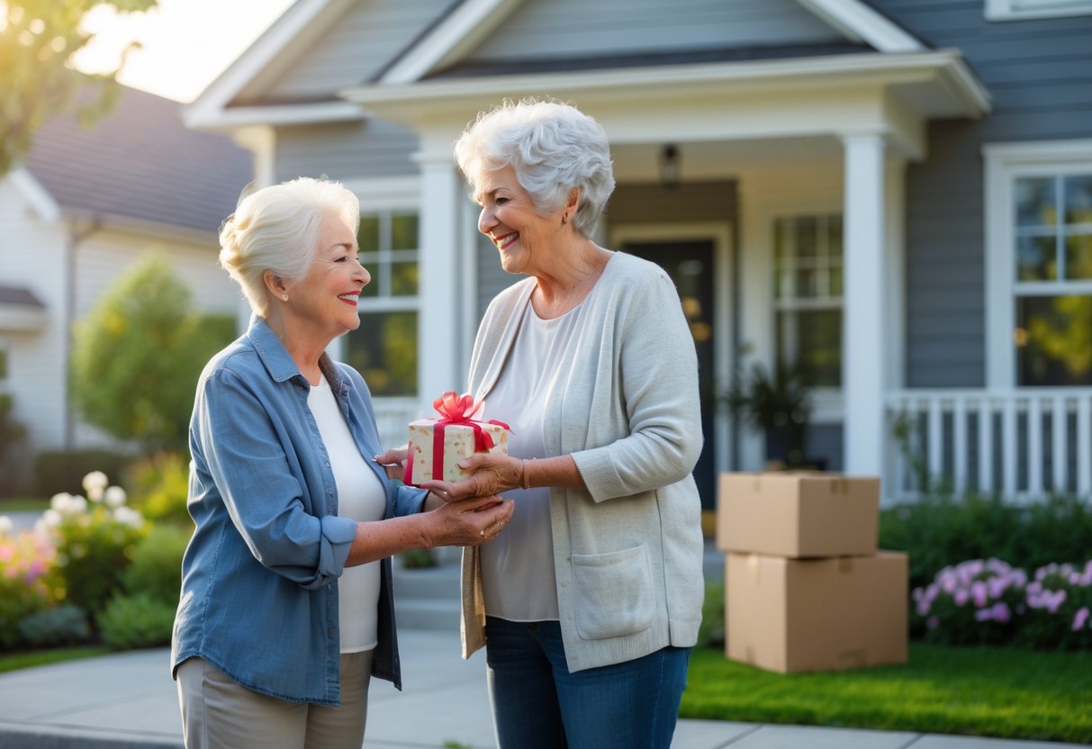 A grandmother and her grandson sharing a warm moment outside his new home, with moving boxes nearby.