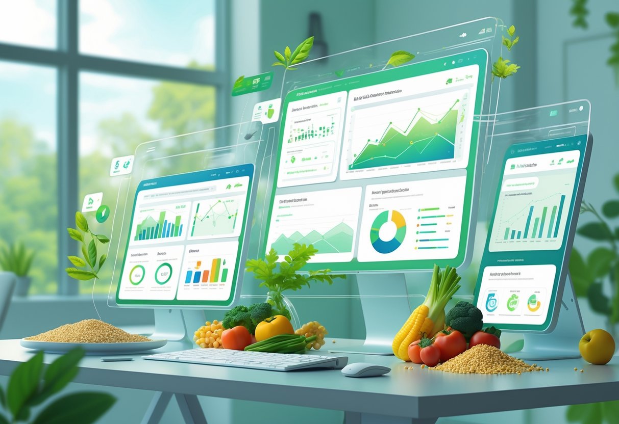Ilustrasi ruang kerja modern dengan layar digital menampilkan grafik dan statistik nutrisi serta simbol keberlanjutan, dengan buah dan tanaman segar di latar belakang.
