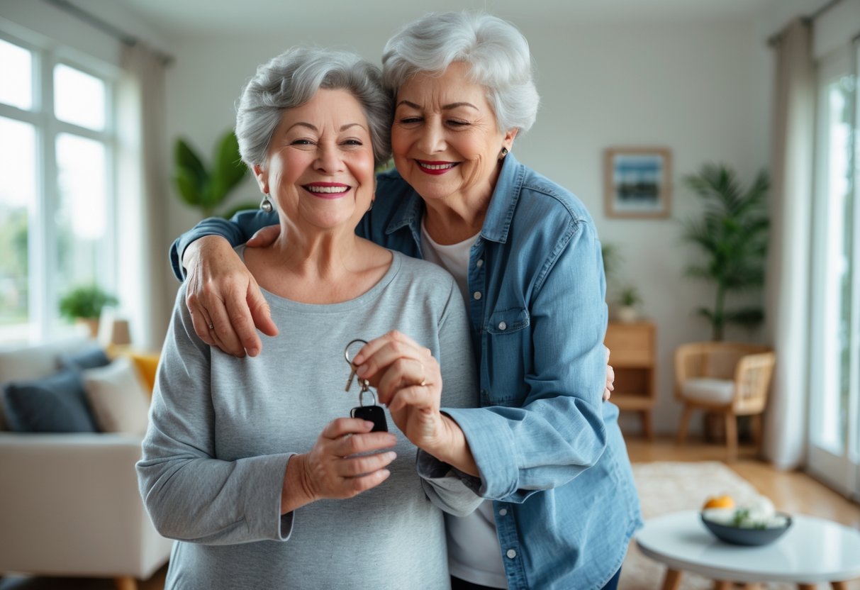 Grandmother embracing her grandson as he holds keys inside his new home, both smiling warmly.
