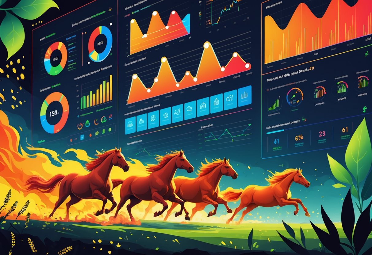Ilustrasi kuda berapi yang berlari cepat di depan layar digital dengan grafik dan data yang menggambarkan pola dan jam aktif, dengan latar belakang elemen alam dan nutrisi.