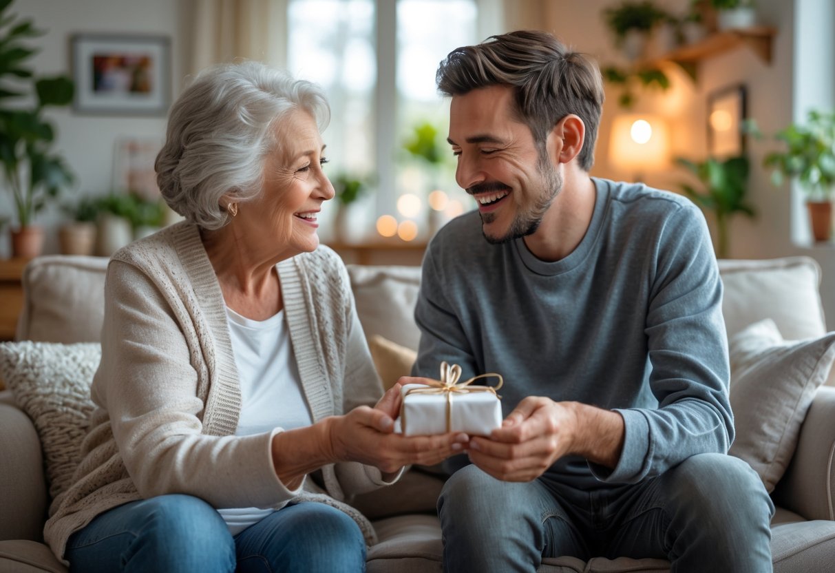 A grandmother giving a gift to her adult grandson inside his new home, sharing a heartfelt moment.