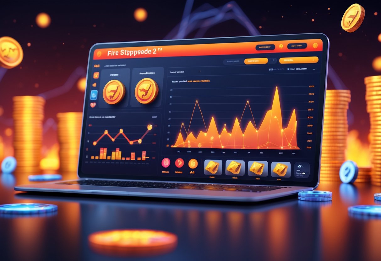 Tampilan antarmuka modern dengan grafik dan diagram yang menunjukkan statistik dan analisa permainan secara real-time untuk permainan slot Fire Stampede 2.