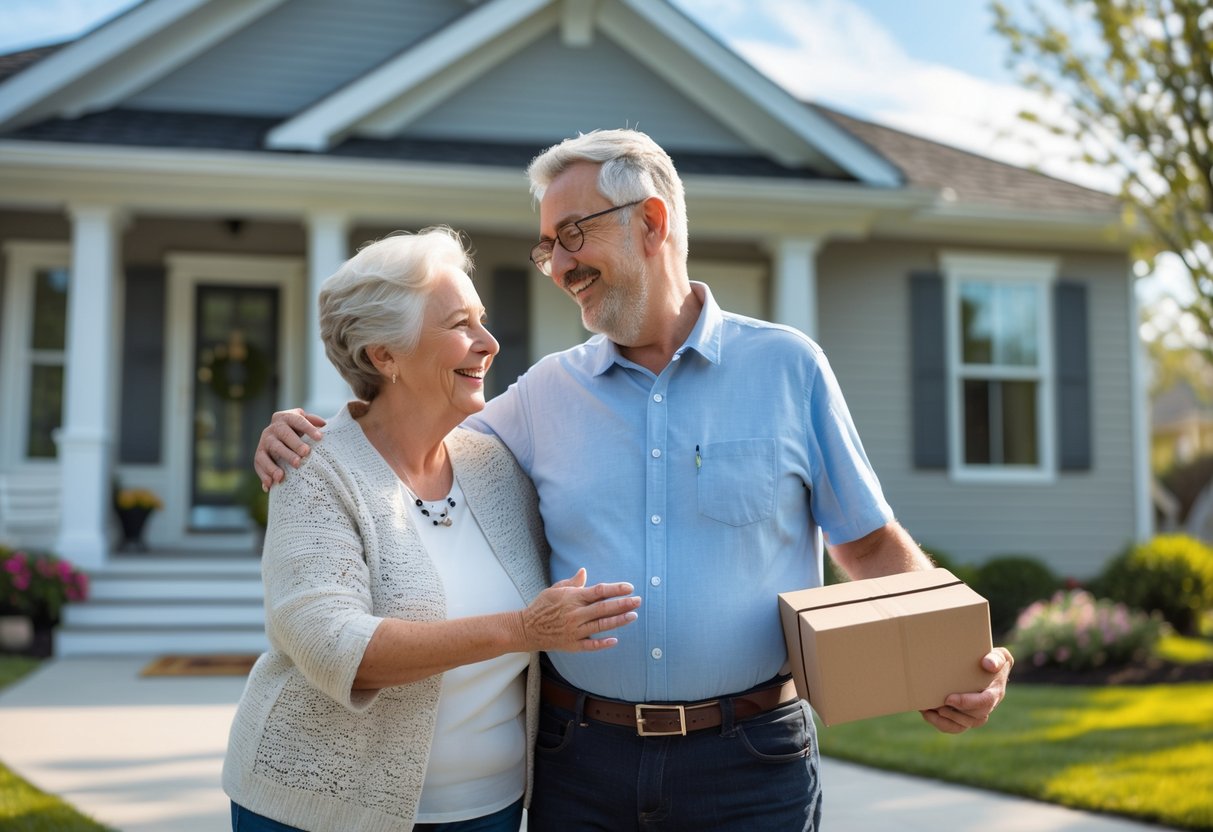 A grandmother and her adult grandson standing together outside his new home, sharing a warm moment of congratulations.