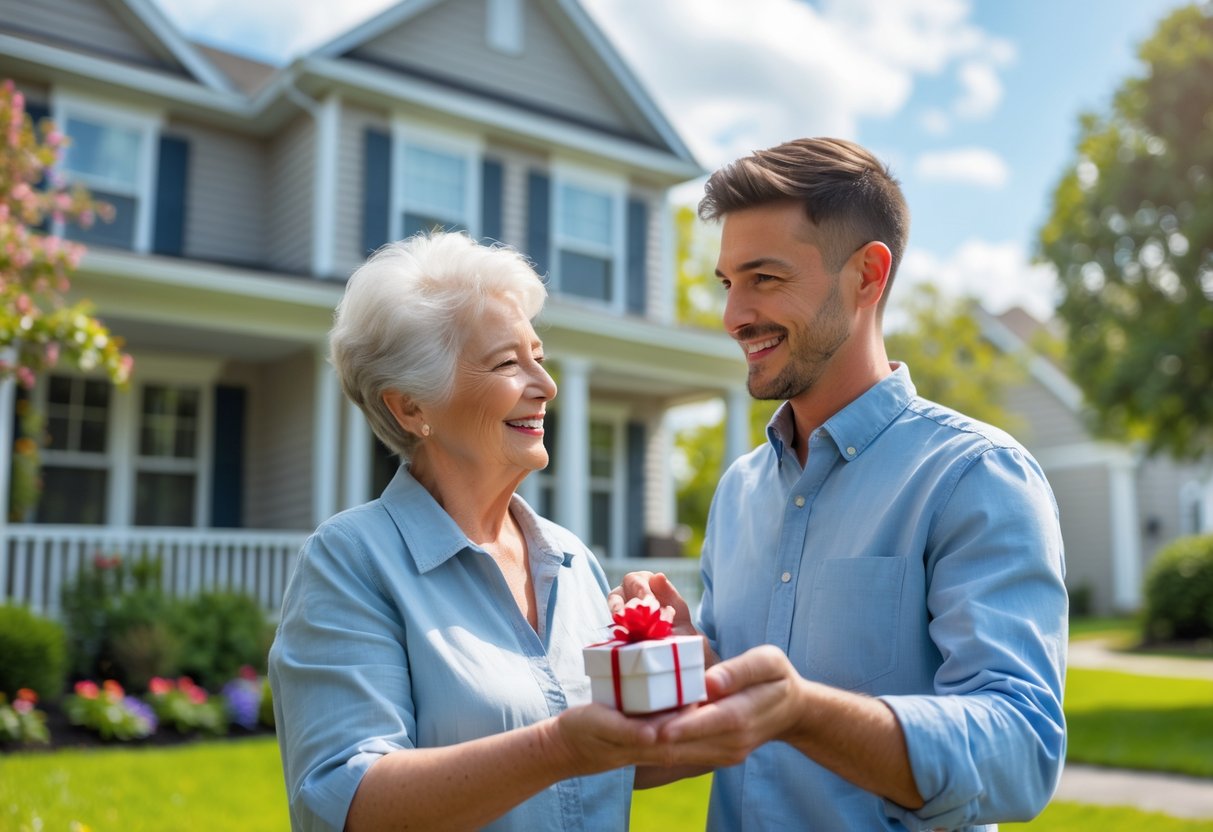 A grandmother hands a gift to her grandson outside his new home on a sunny day.
