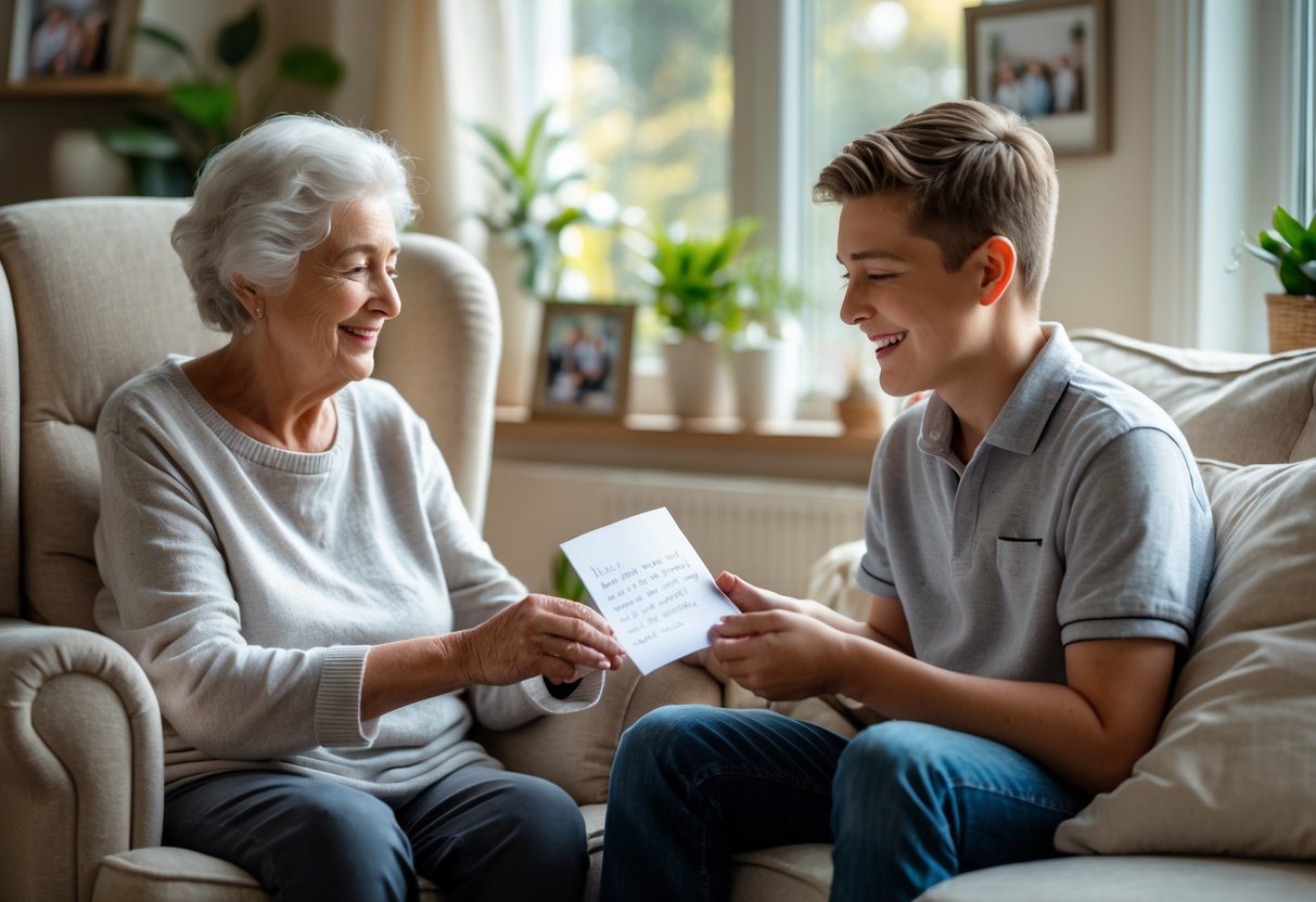 An elderly woman giving a handwritten letter to her smiling grandson in a cozy living room as he moves into his first home.