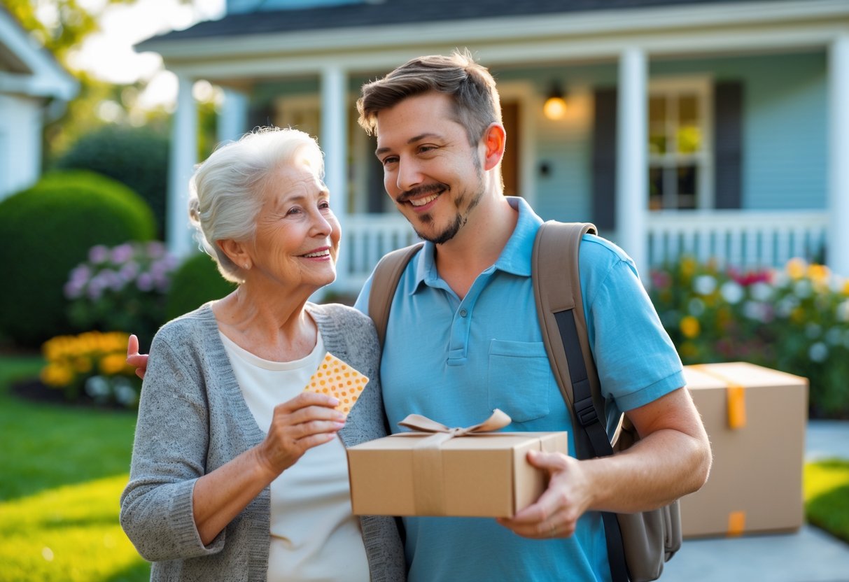 An elderly grandmother and her grandson standing outside his new home, sharing a warm moment with a gift and moving boxes nearby.