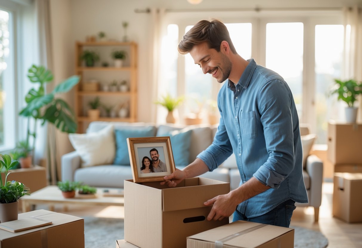 A young man unpacking boxes in a bright living room, placing a framed photo on a shelf surrounded by household items.