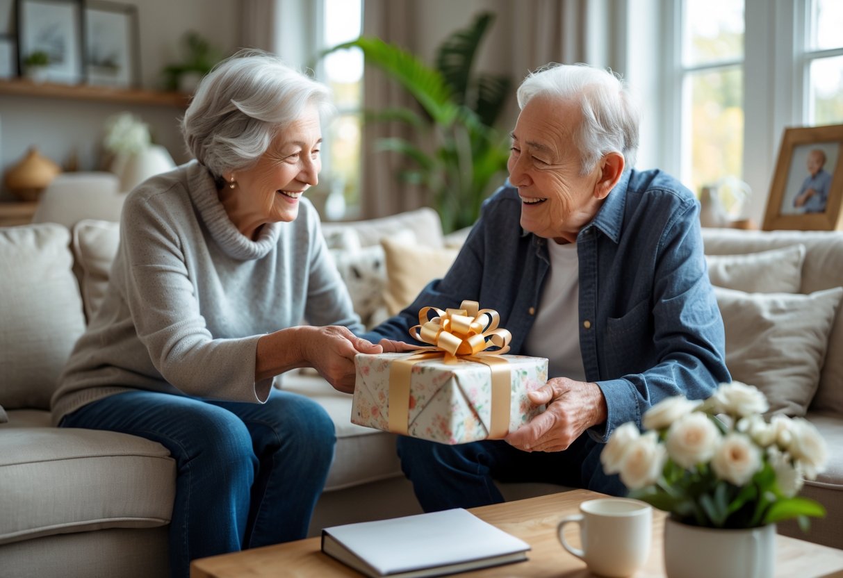 An elderly grandmother giving a wrapped gift to her smiling grandson in a cozy living room of his new home.