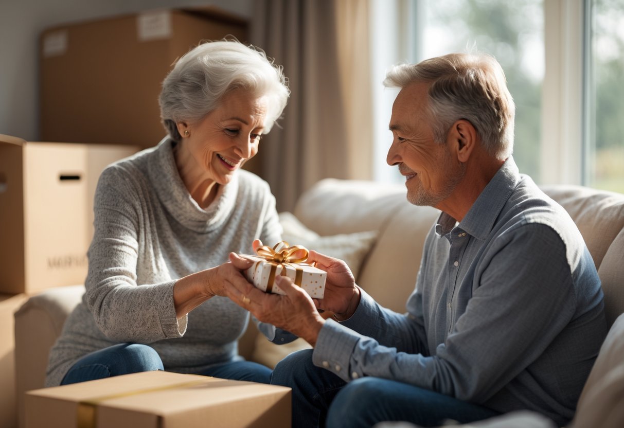 A grandmother giving a gift to her grandson in his new home, both sharing a warm and emotional moment.