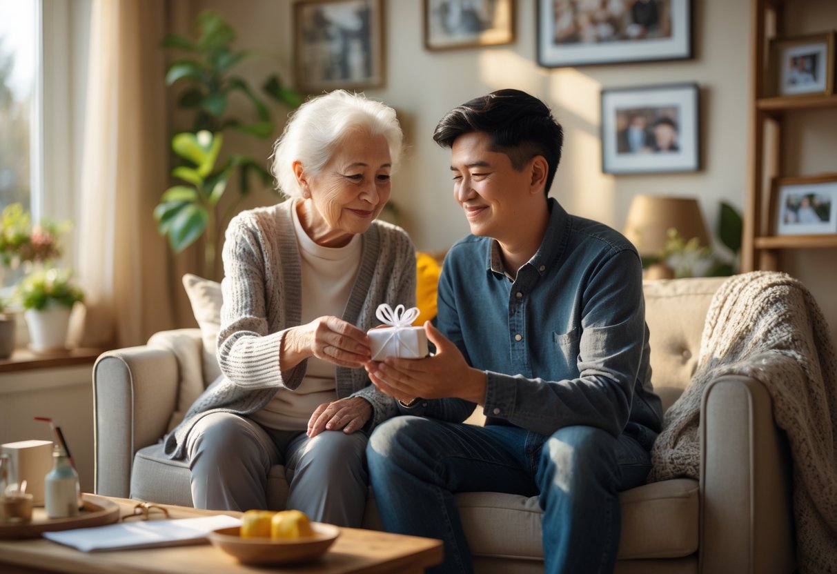 A grandmother giving a small gift to her grandson in a cozy living room as he moves into his first home.
