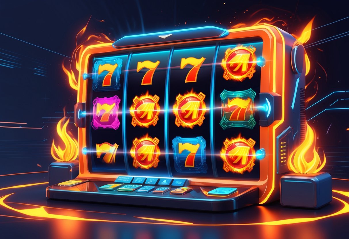 Ilustrasi mesin slot futuristik dengan gulungan berputar menampilkan simbol api dan kombinasi kemenangan yang menyala, dikelilingi oleh efek api dan percikan energi.