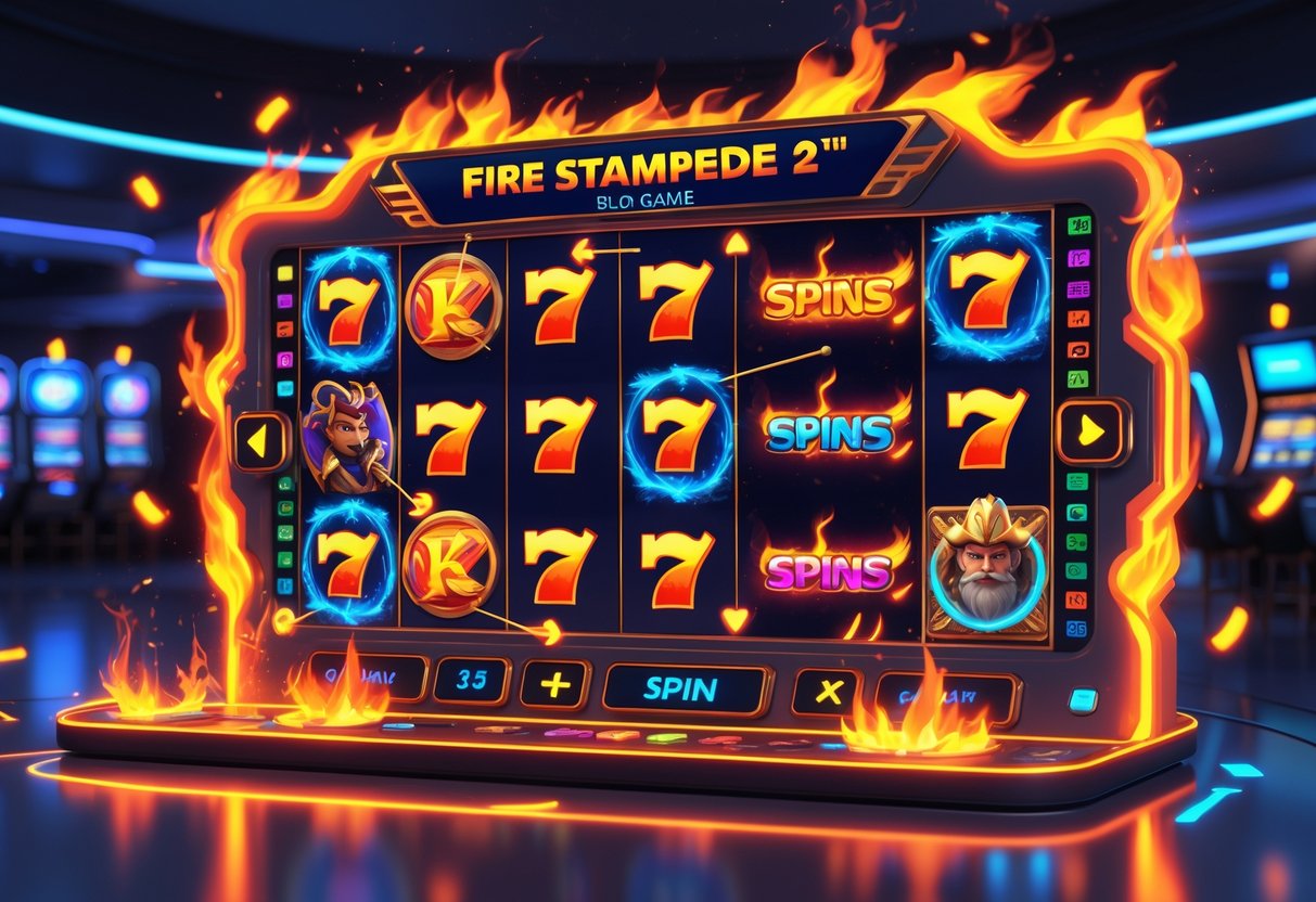 Ilustrasi mesin slot Fire Stampede 2 dengan elemen api dan simbol kemenangan yang menonjol, menunjukkan pola permainan dan fitur bonus.