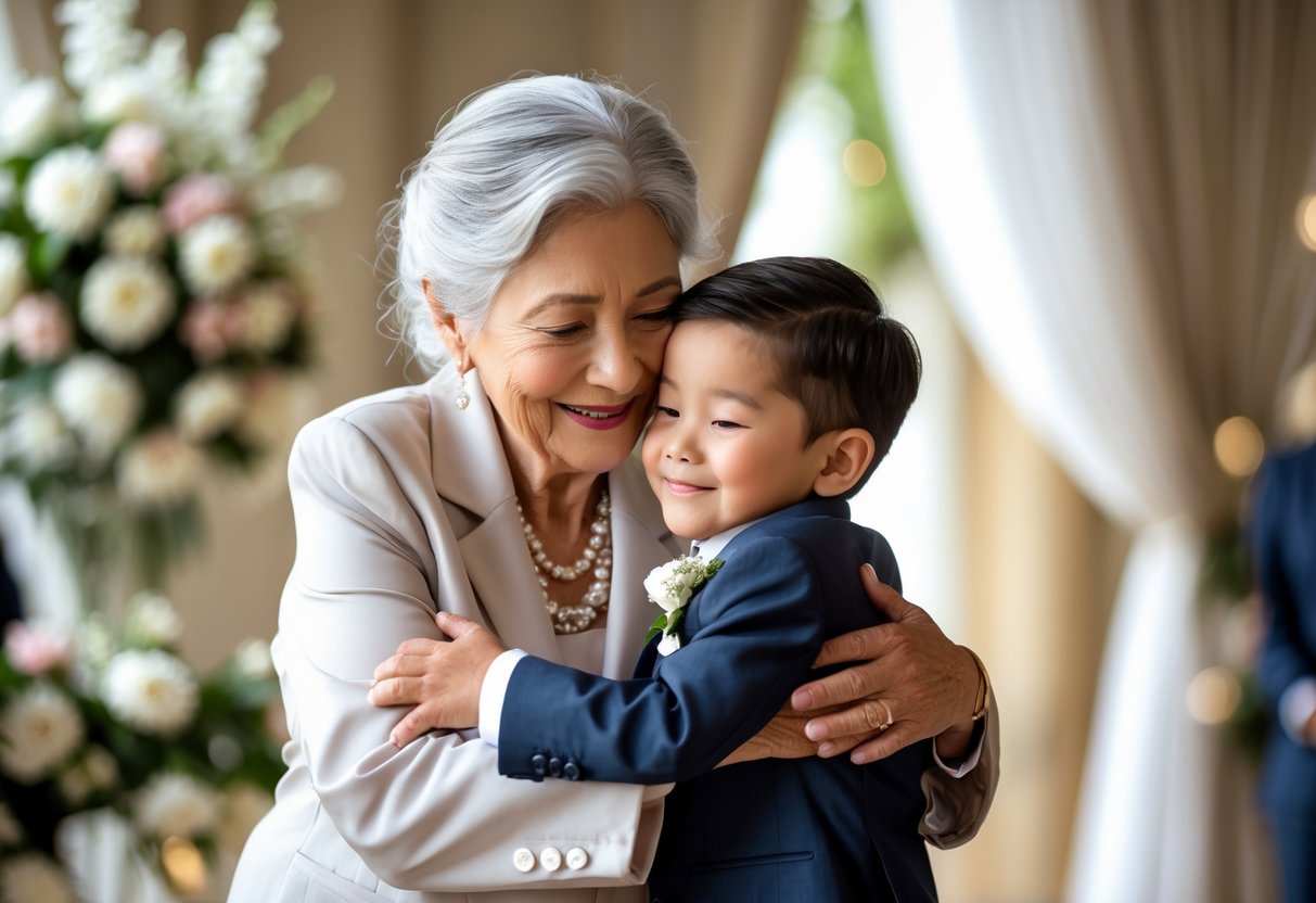 Grandmother warmly embracing her young grandson at a wedding, surrounded by elegant decorations.