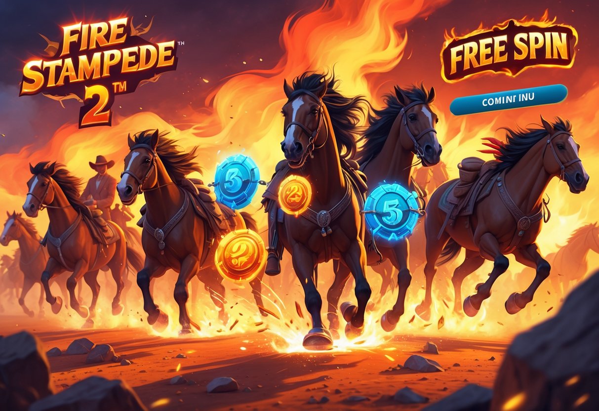 Ilustrasi adegan kuda berlari dalam kobaran api dengan simbol-simbol permainan yang bersinar dan menunjukkan kombinasi kemenangan.