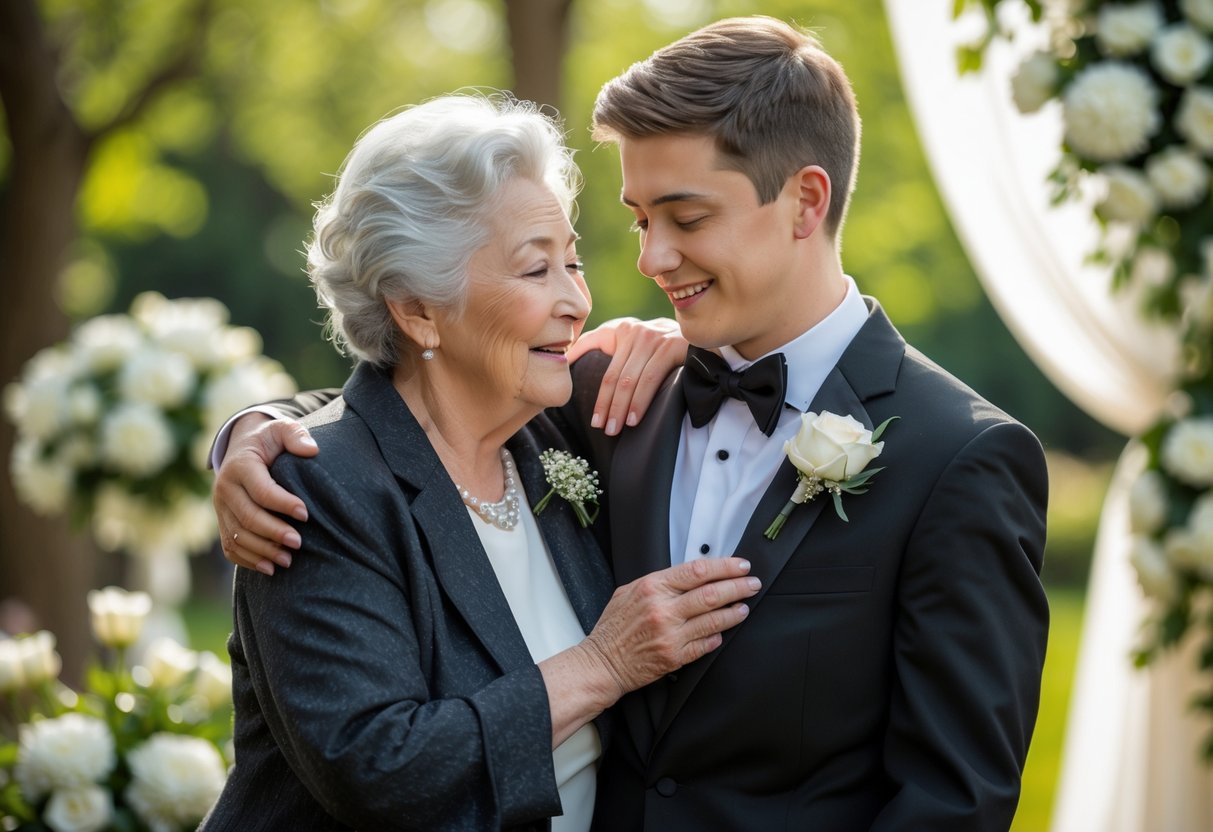 Grandmother warmly embracing her grandson on his wedding day outdoors in a garden, both smiling and sharing a loving moment.