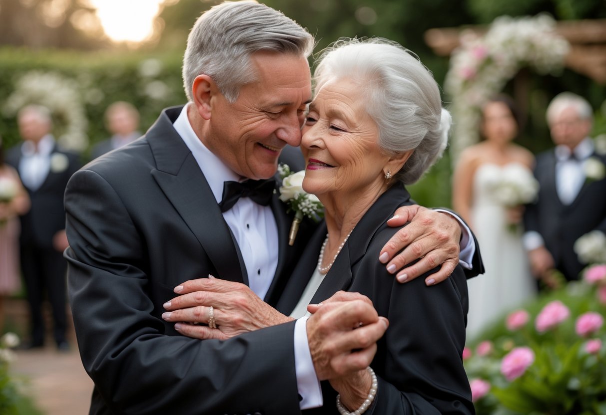 Grandmother warmly embracing her grandson dressed in a tuxedo at his wedding outdoors surrounded by flowers.
