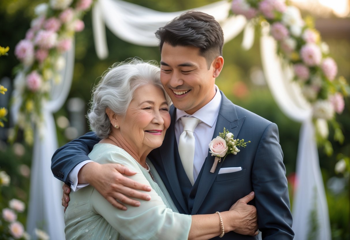 A grandmother warmly embracing her grandson on his wedding day in a garden decorated with flowers.