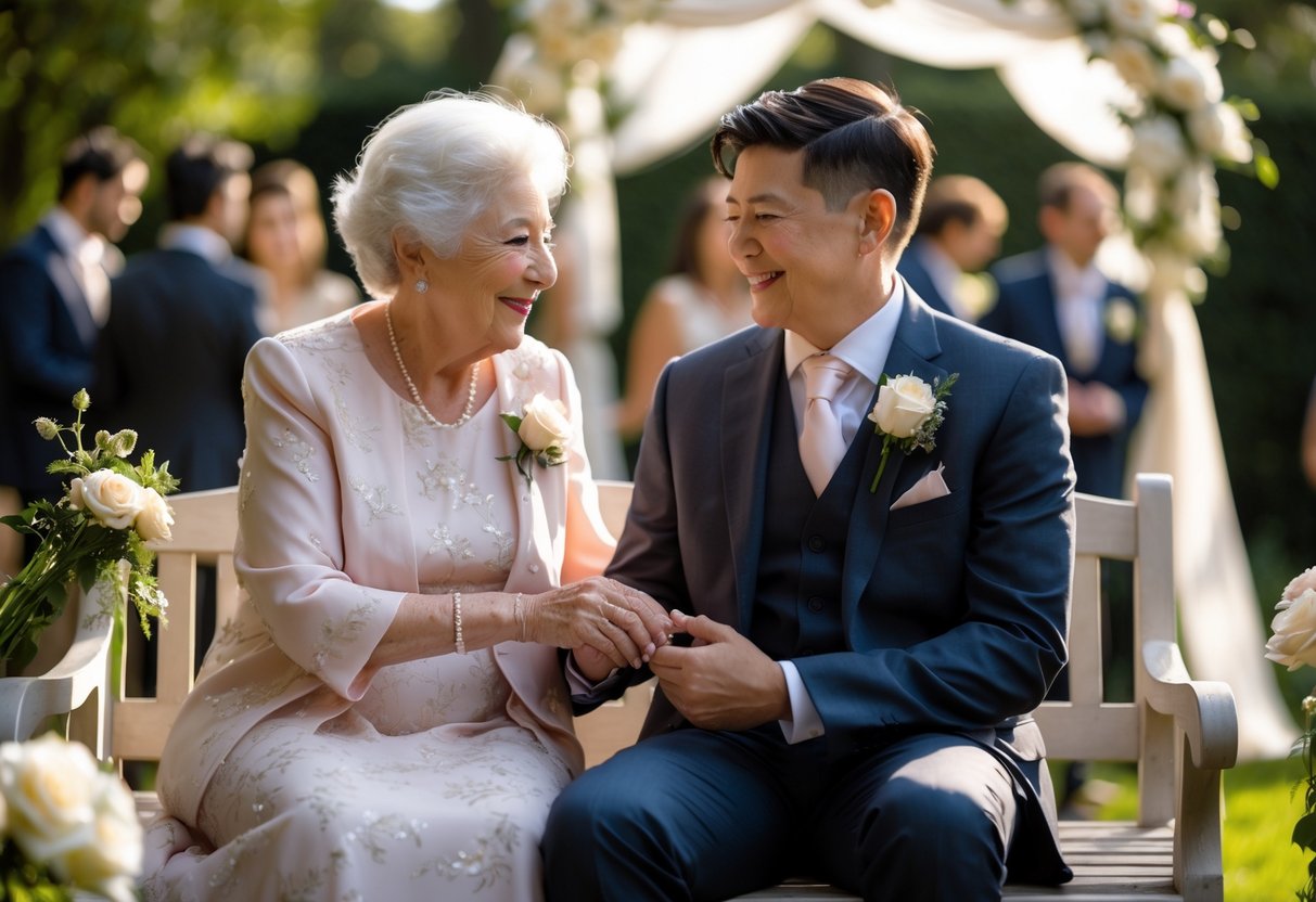 An elderly grandmother and her grandson sitting together outdoors at a wedding, sharing a tender moment surrounded by floral decorations.