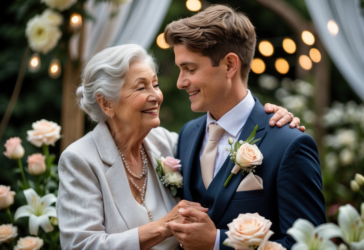 Grandmother and grandson sharing a loving moment at his wedding in a decorated garden.