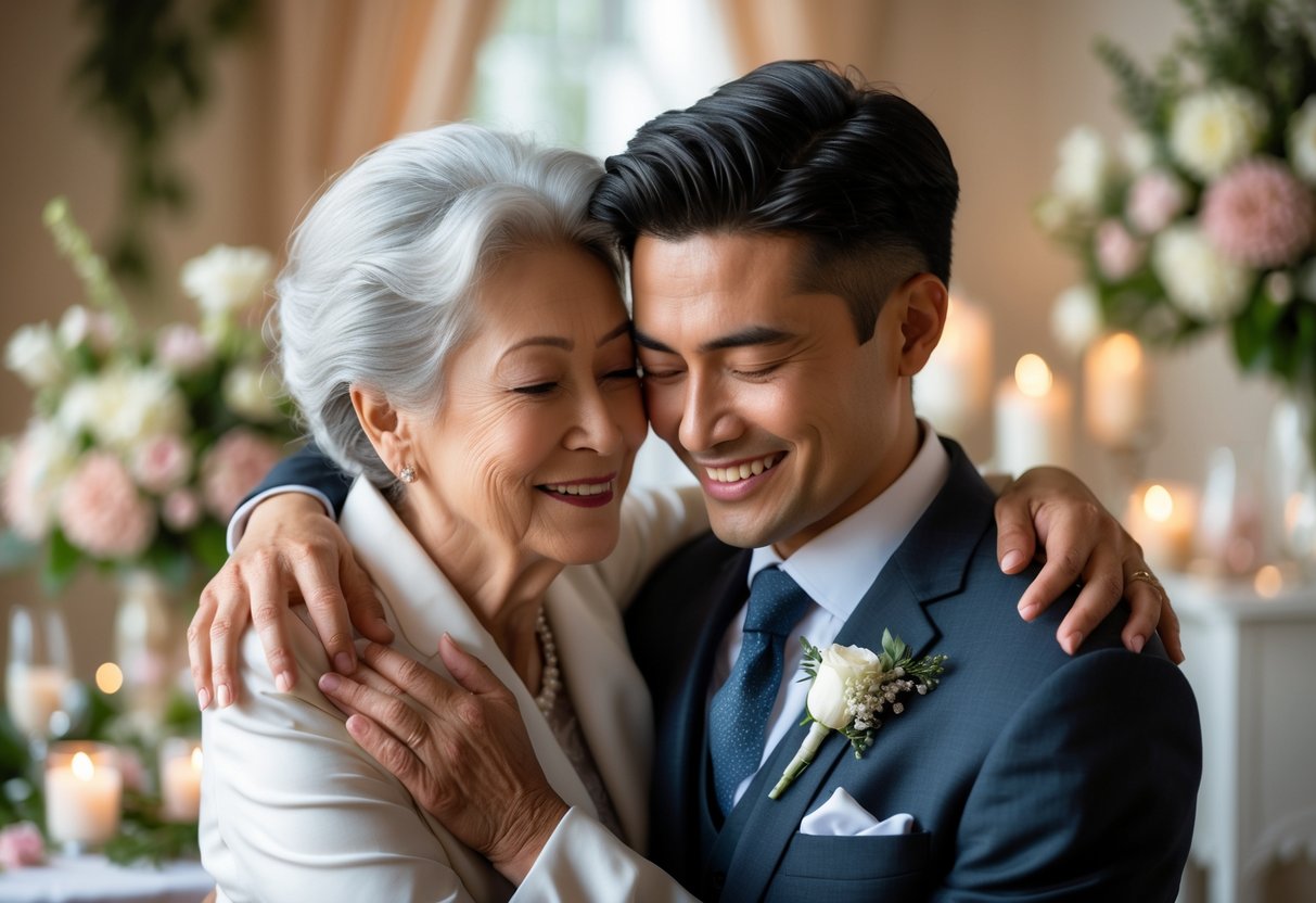 A grandmother warmly embracing her grandson on his wedding day in a decorated venue.