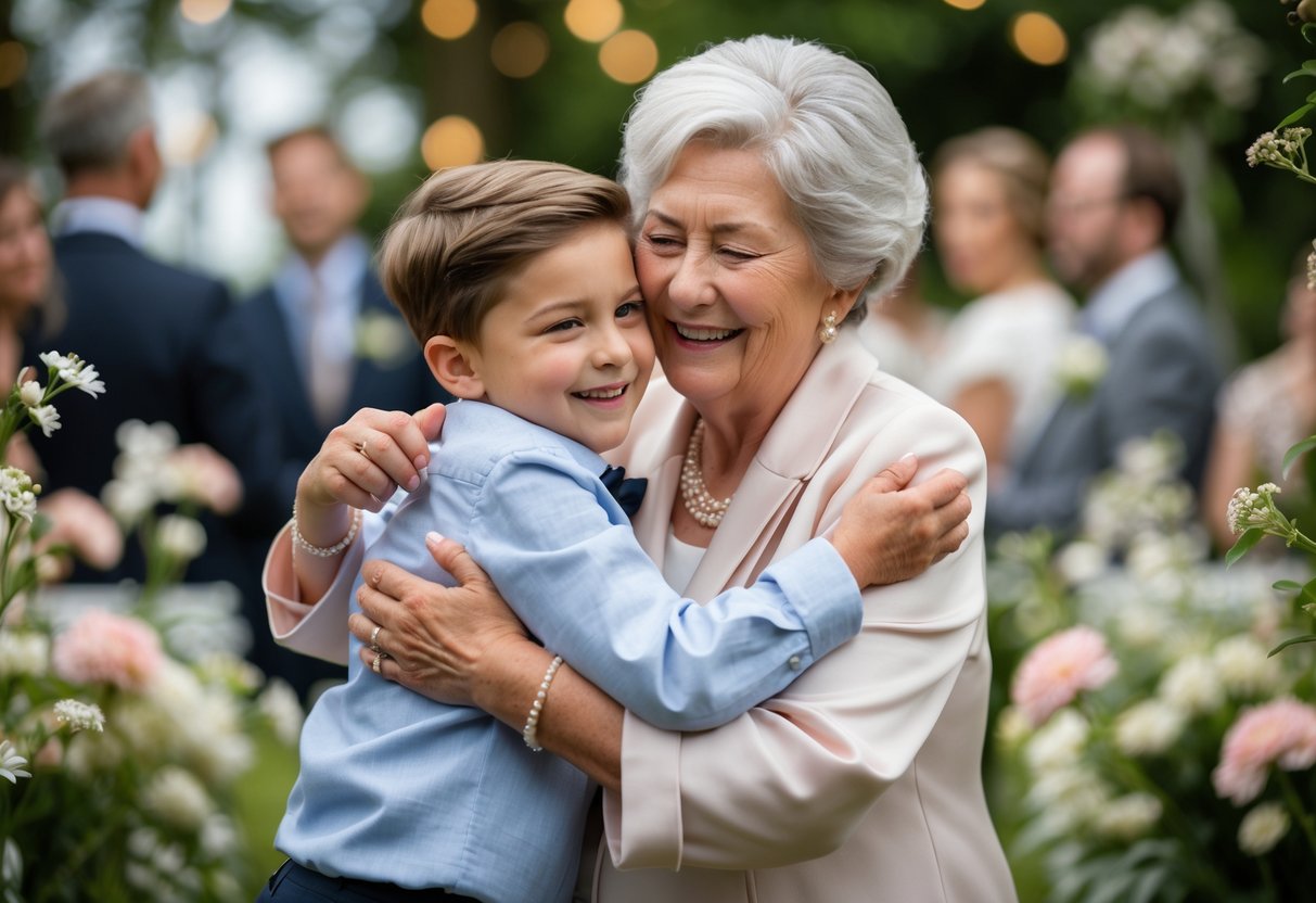 Grandmother warmly embracing her young grandson at a wedding celebration in a garden setting.