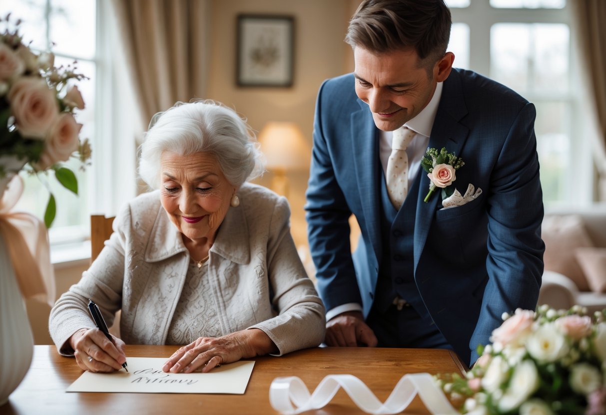An elderly grandmother writing a wedding card while her grandson stands beside her, smiling in a cozy living room.