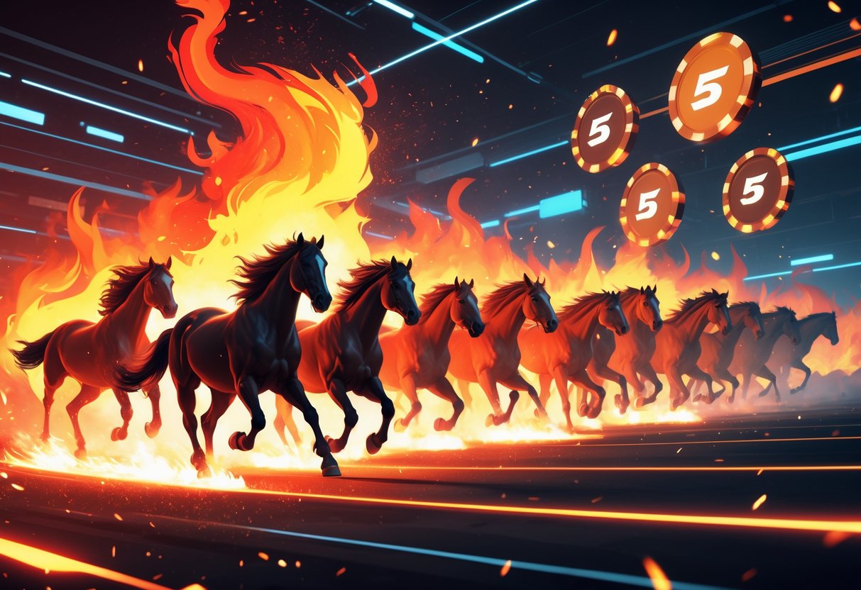 Kuda-kuda berapi yang berlari cepat melewati api menyala dengan latar belakang elemen digital dan efek cahaya.