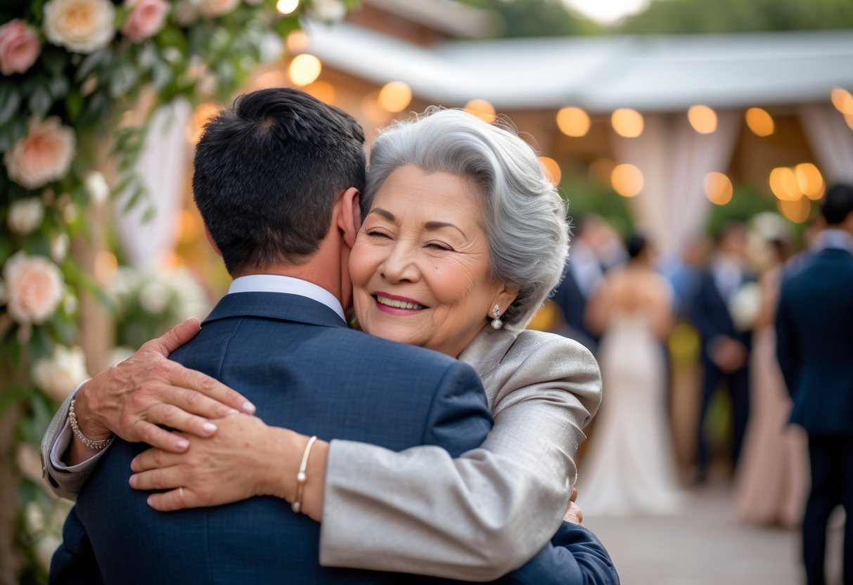 Grandmother warmly embracing her grandson at a wedding outdoors with floral decorations and guests in the background.