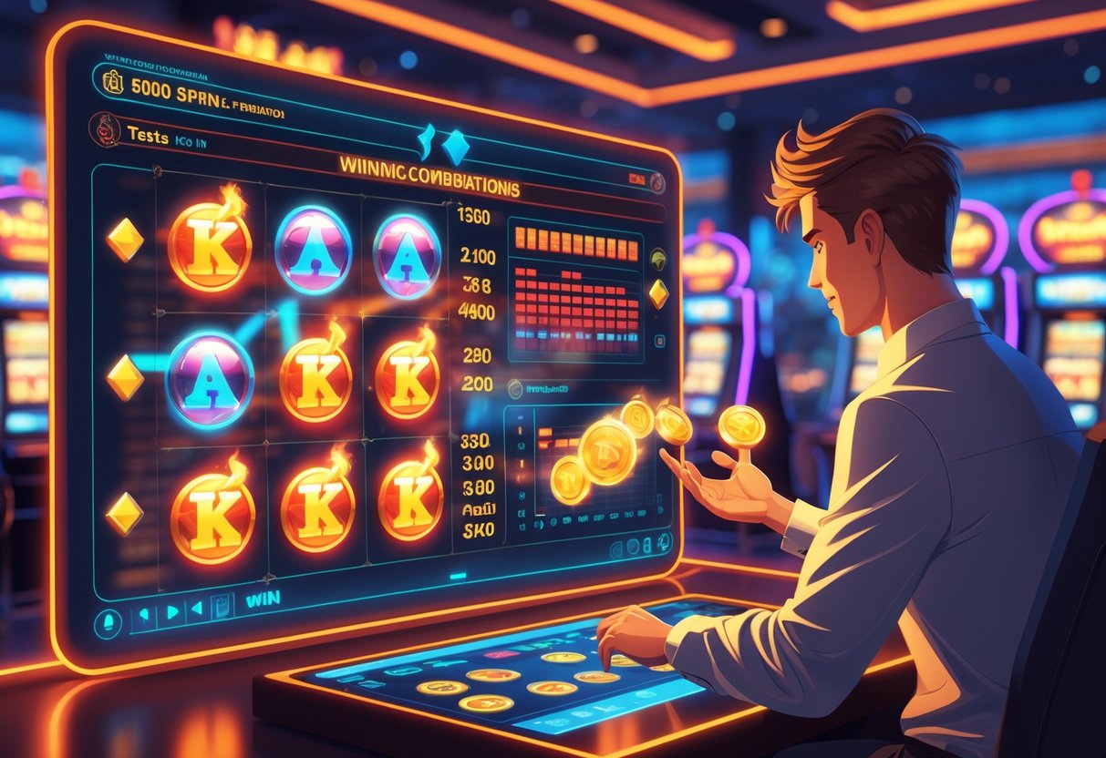 Seorang analis sedang memeriksa layar digital dengan pola kombinasi kemenangan dan grafik dari permainan Fire Stampede 2, di latar belakang terdapat suasana kasino dengan mesin slot dan efek cahaya dinamis.