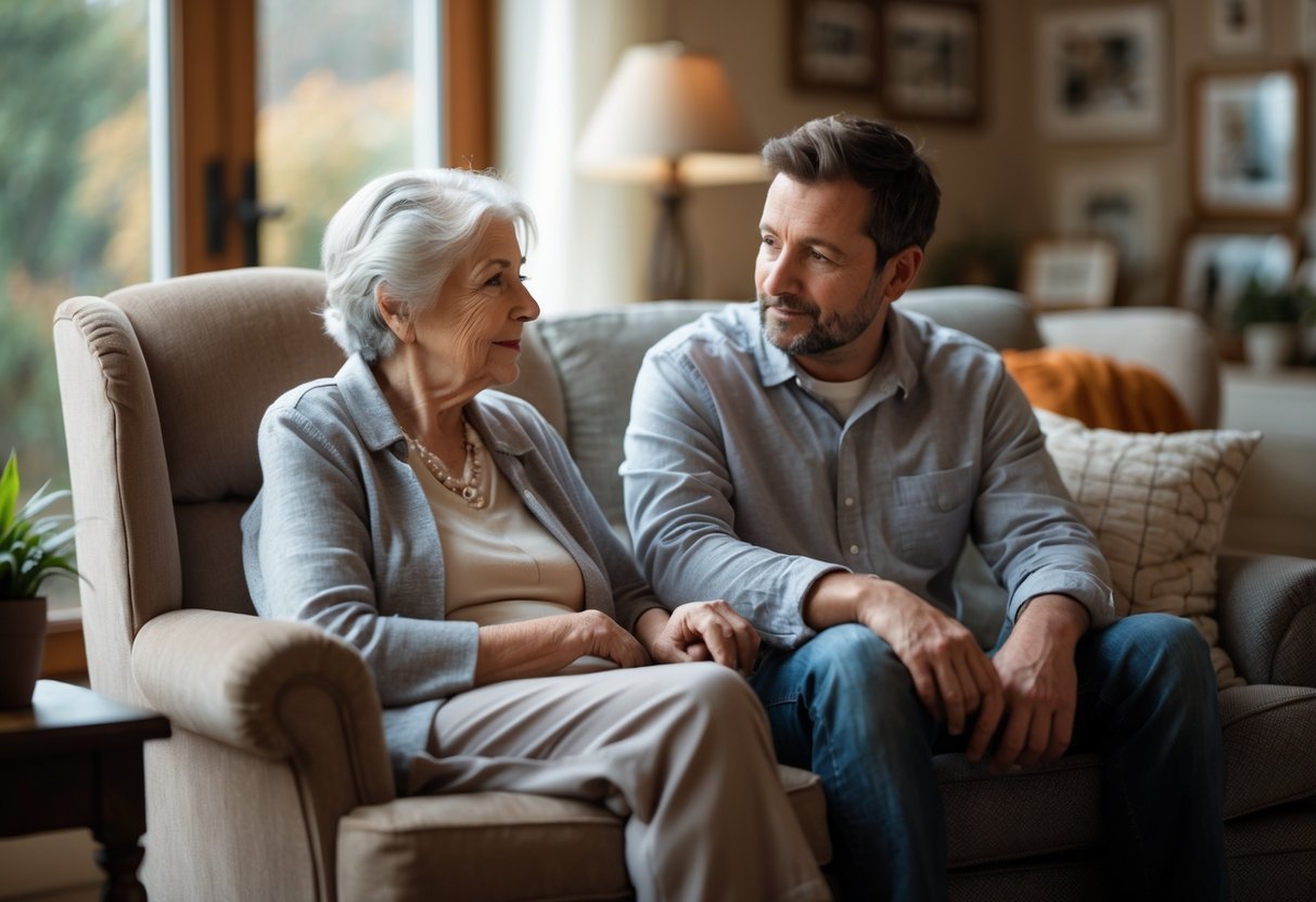 Grandmother and grandson sitting together in a living room, with the grandmother speaking gently and the grandson listening attentively.