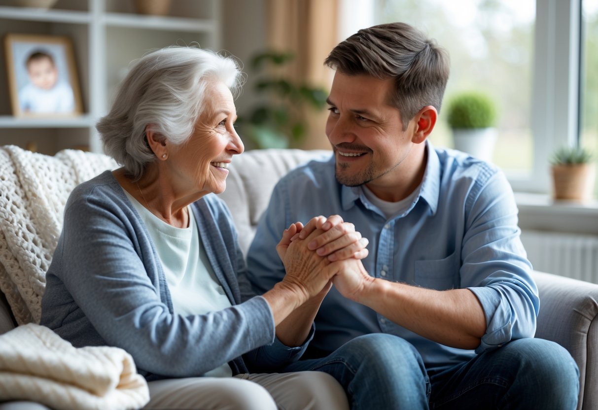 An elderly grandmother warmly talking to her adult grandson in a cozy living room, sharing advice about becoming a father.