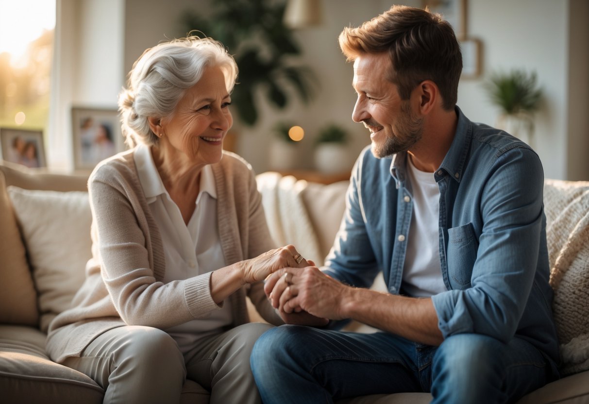 A grandmother and her adult grandson sit together in a cozy living room, holding hands and sharing a tender moment.